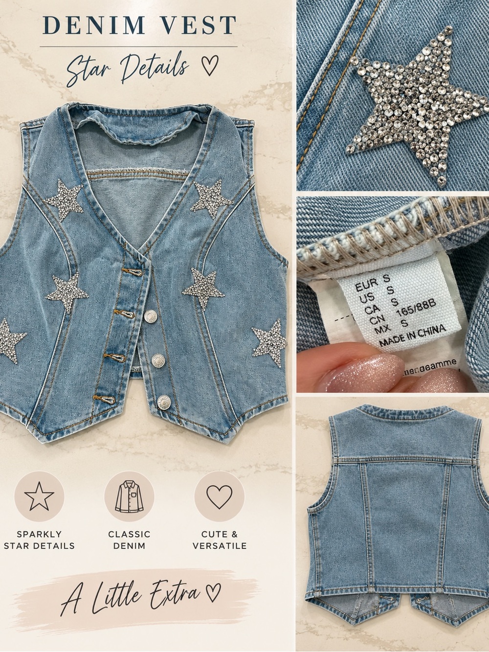 Kids Denim Vest with Sparkly Star Details - Blue